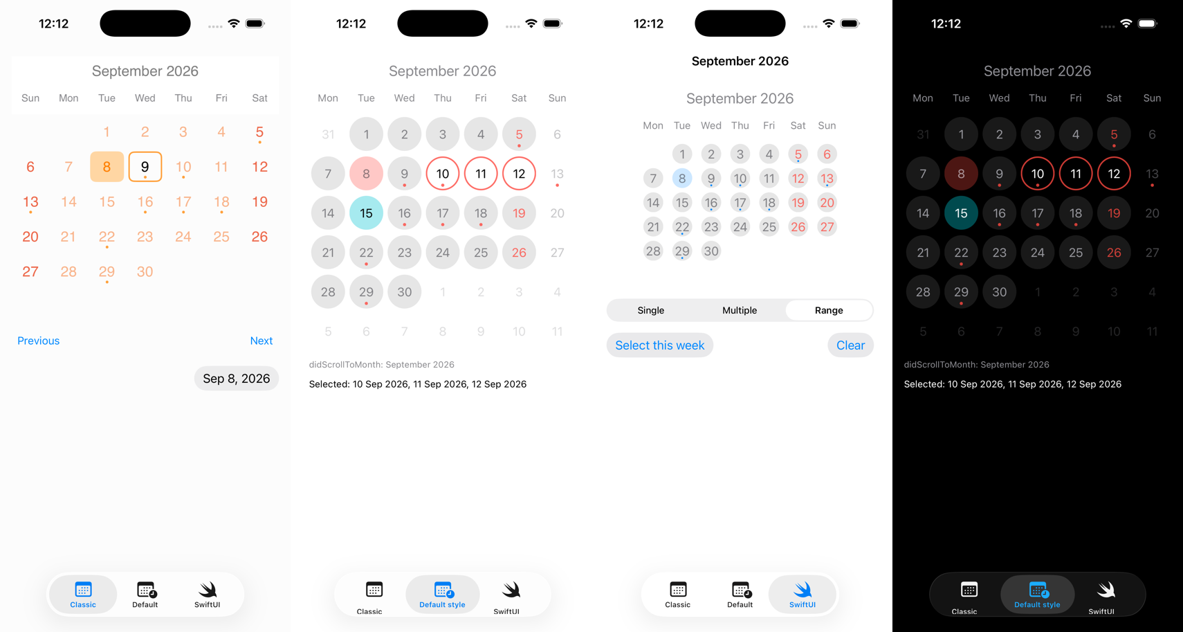 The example app: the classic style, the default style, the SwiftUI wrapper, and dark mode