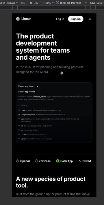 Running React scaffold of the Linear mobile landing