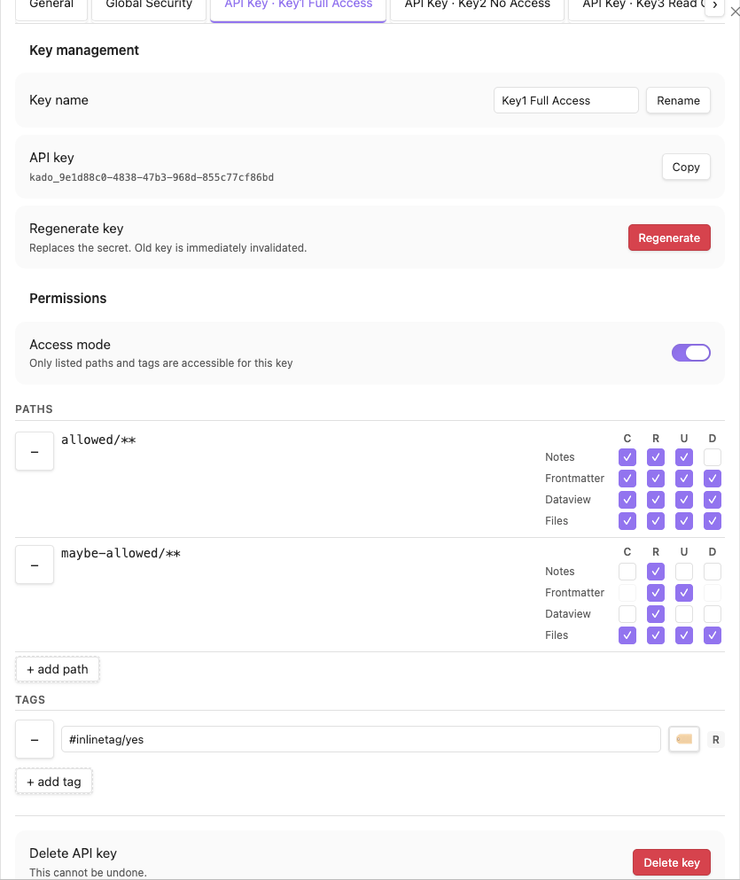 MiYo Kado API Key settings tab showing key management, permissions, paths and tags
