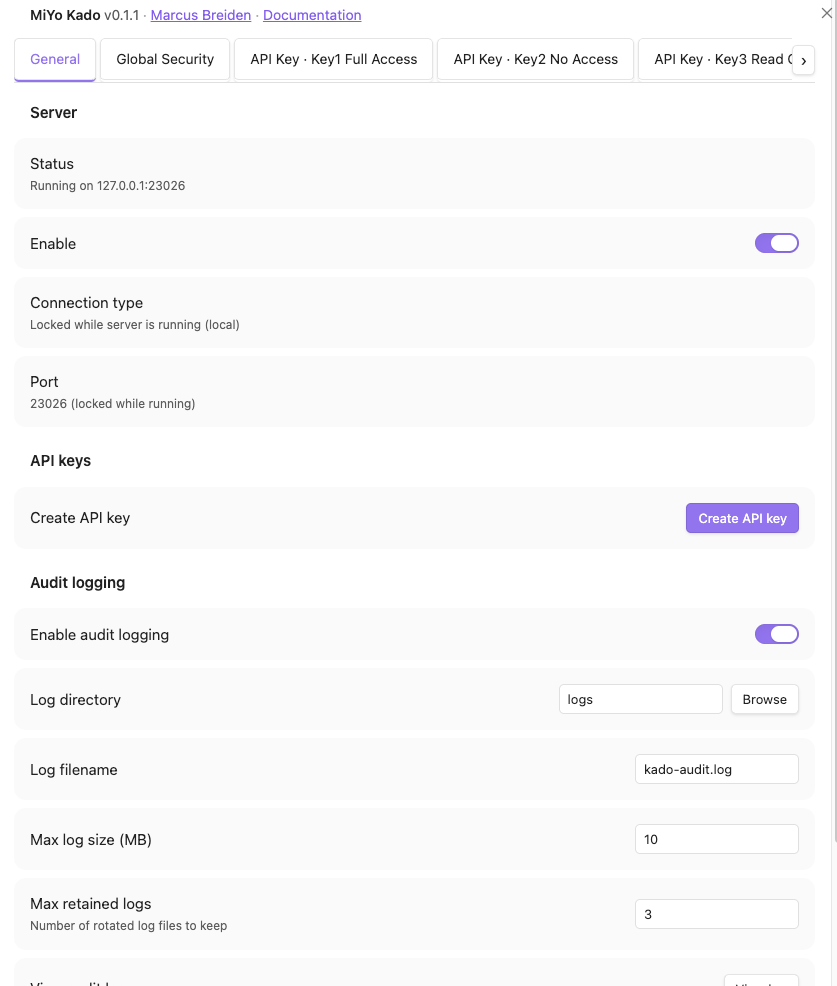 MiYo Kado General settings tab