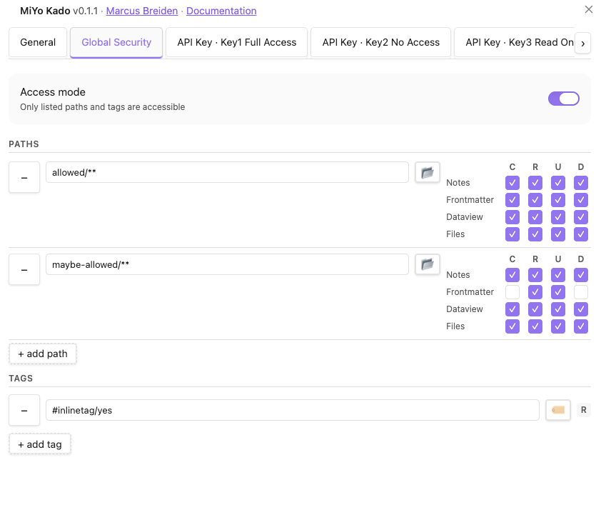 MiYo Kado Global Security settings tab with two whitelisted paths and one tag