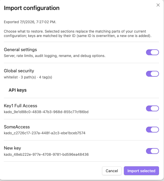MiYo Kado import dialog with per-section toggles