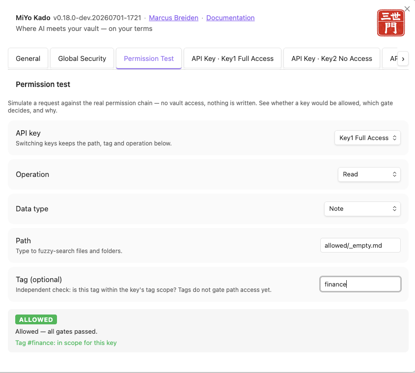 MiYo Kado Permission Test settings tab showing an ALLOWED result with the tag-scope readout