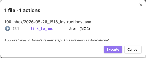 Execution modal preview view — actions grouped by source file, Execute and Cancel buttons