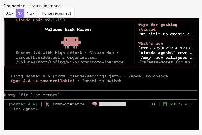 MiYo Tomo Hashi chat view connected to a Tomo container, xterm rendering Claude Code's TUI