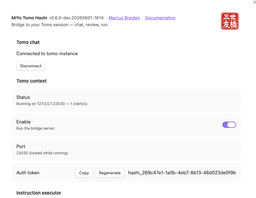 MiYo Tomo Hashi settings tab — Tomo chat, Tomo context, and Instruction executor sections