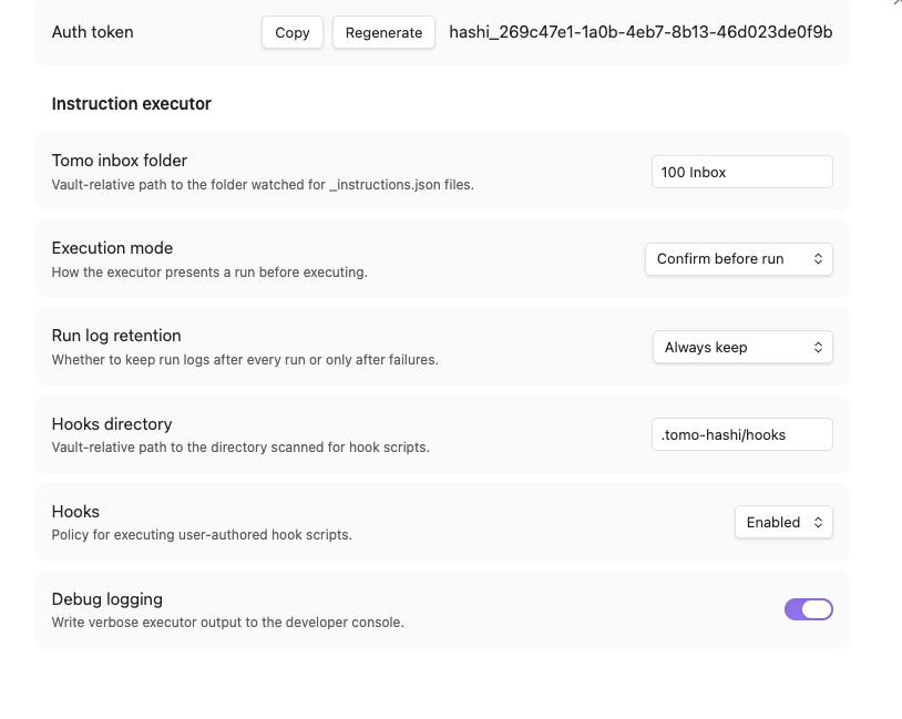 MiYo Tomo Hashi settings tab — Tomo chat, Tomo context, and Instruction executor sections