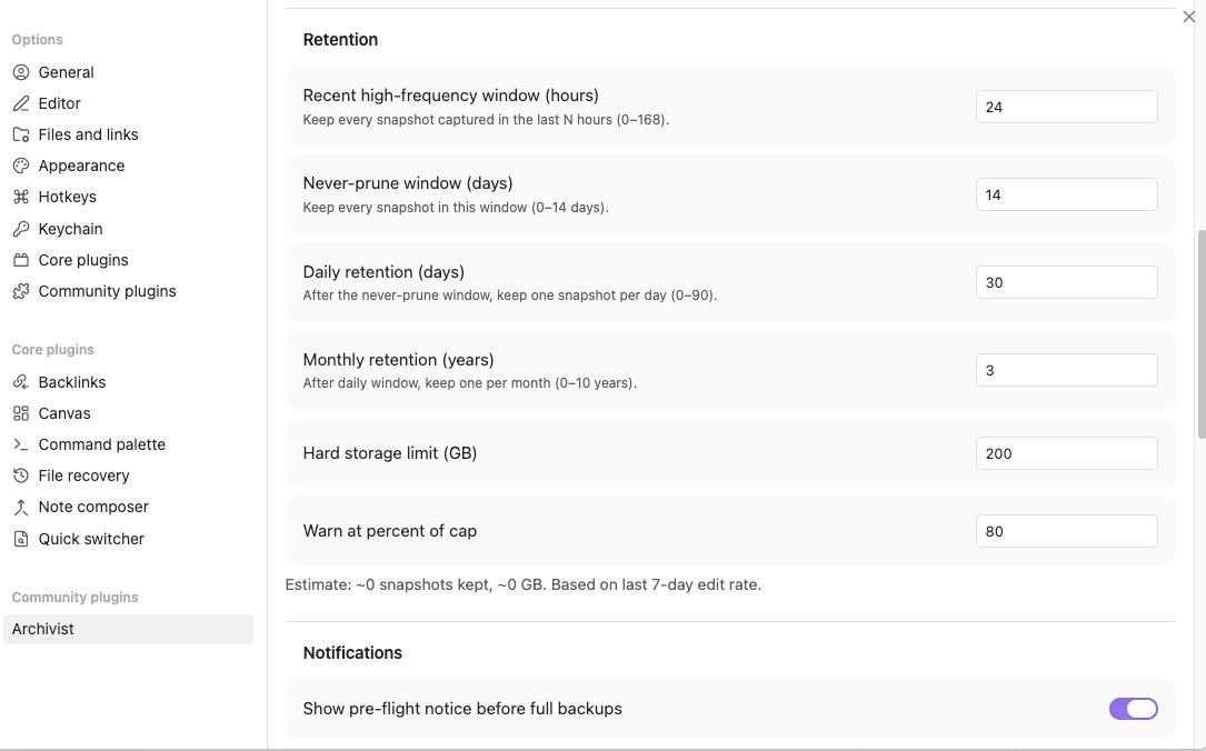 Settings — Retention