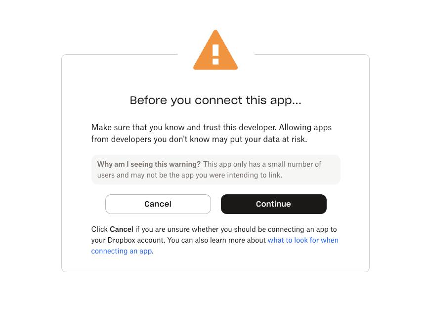 Dropbox unverified-app warning shown during OAuth