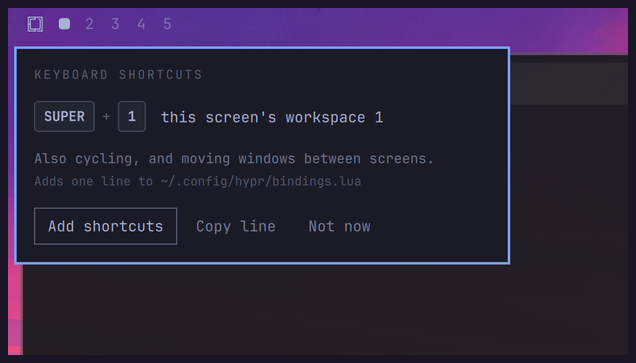 A small popup offering to add keyboard shortcuts, with Add, Copy and Not now