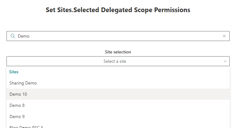 Select a site from a search result to apply permissions to 