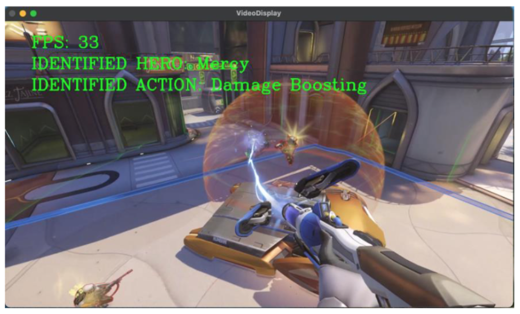 Output overlay. Text is placed on top of game footage identifying the hero being played and the weapon they're carrying