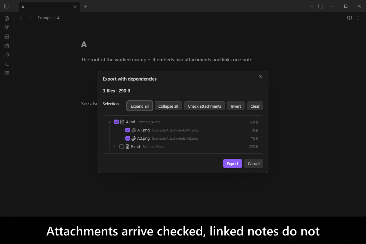 Attachments arrive checked, linked notes do not