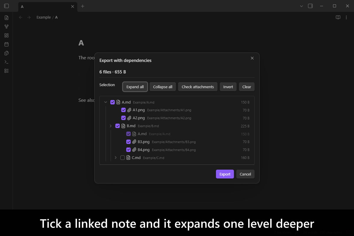 Tick a linked note and it expands one level deeper