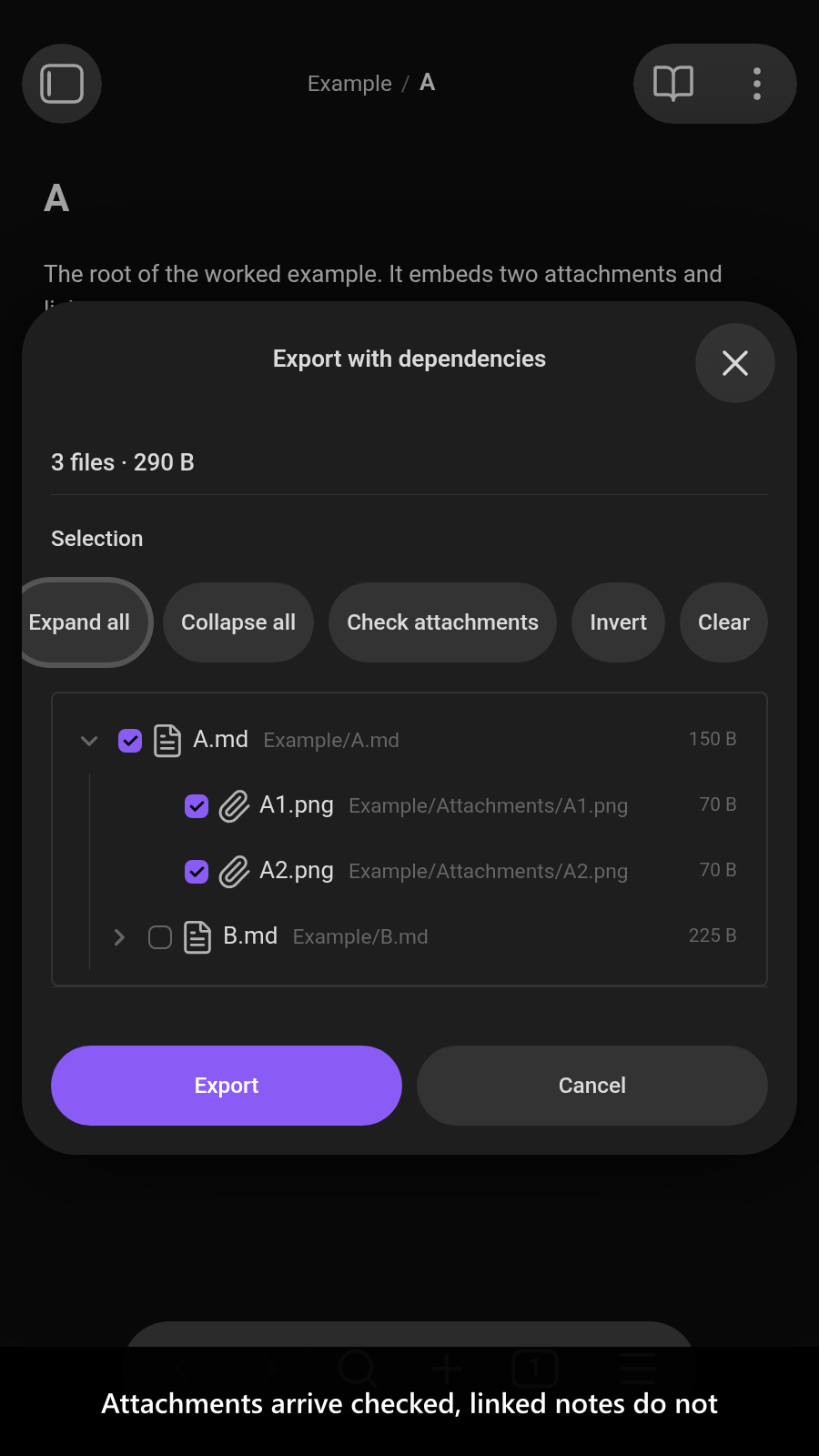 Attachments arrive checked, linked notes do not