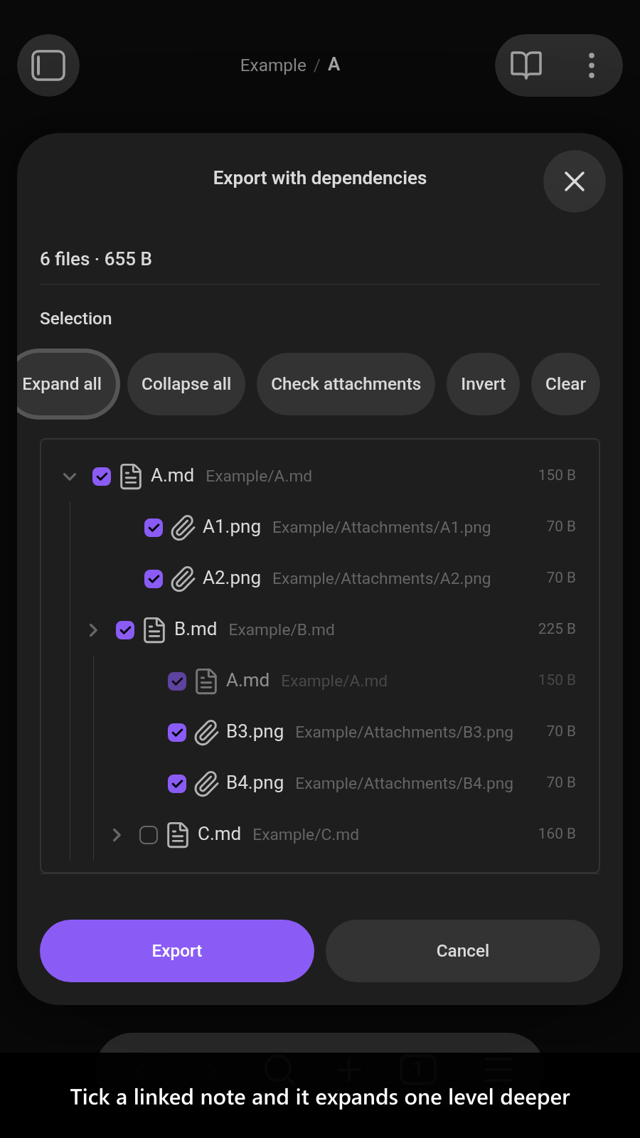Tick a linked note and it expands one level deeper