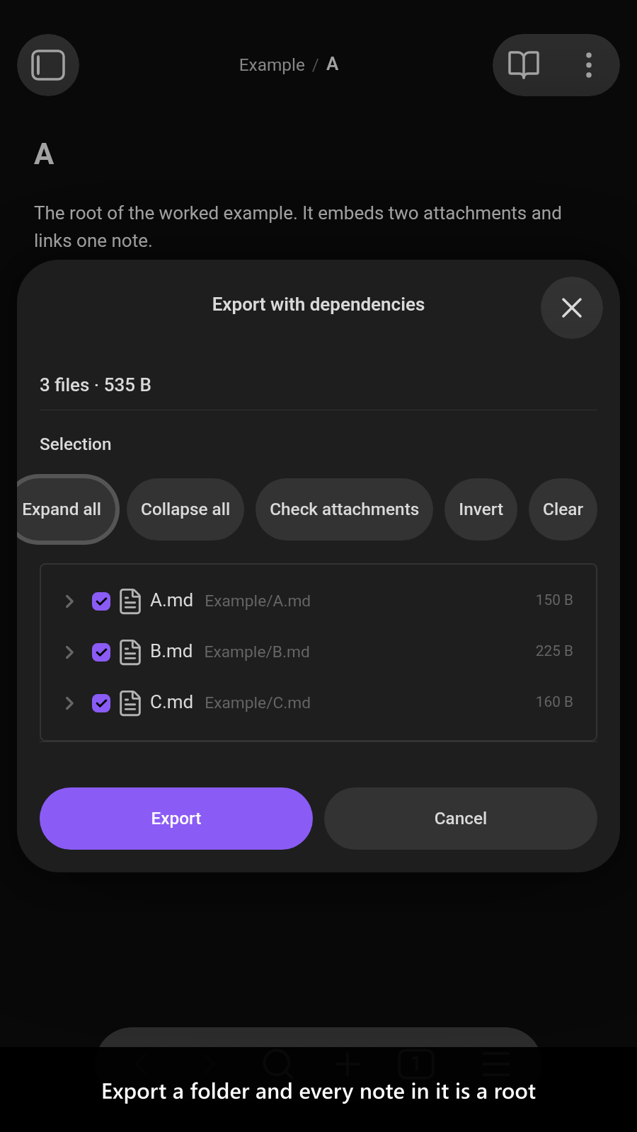 Export a folder and every note in it is a root