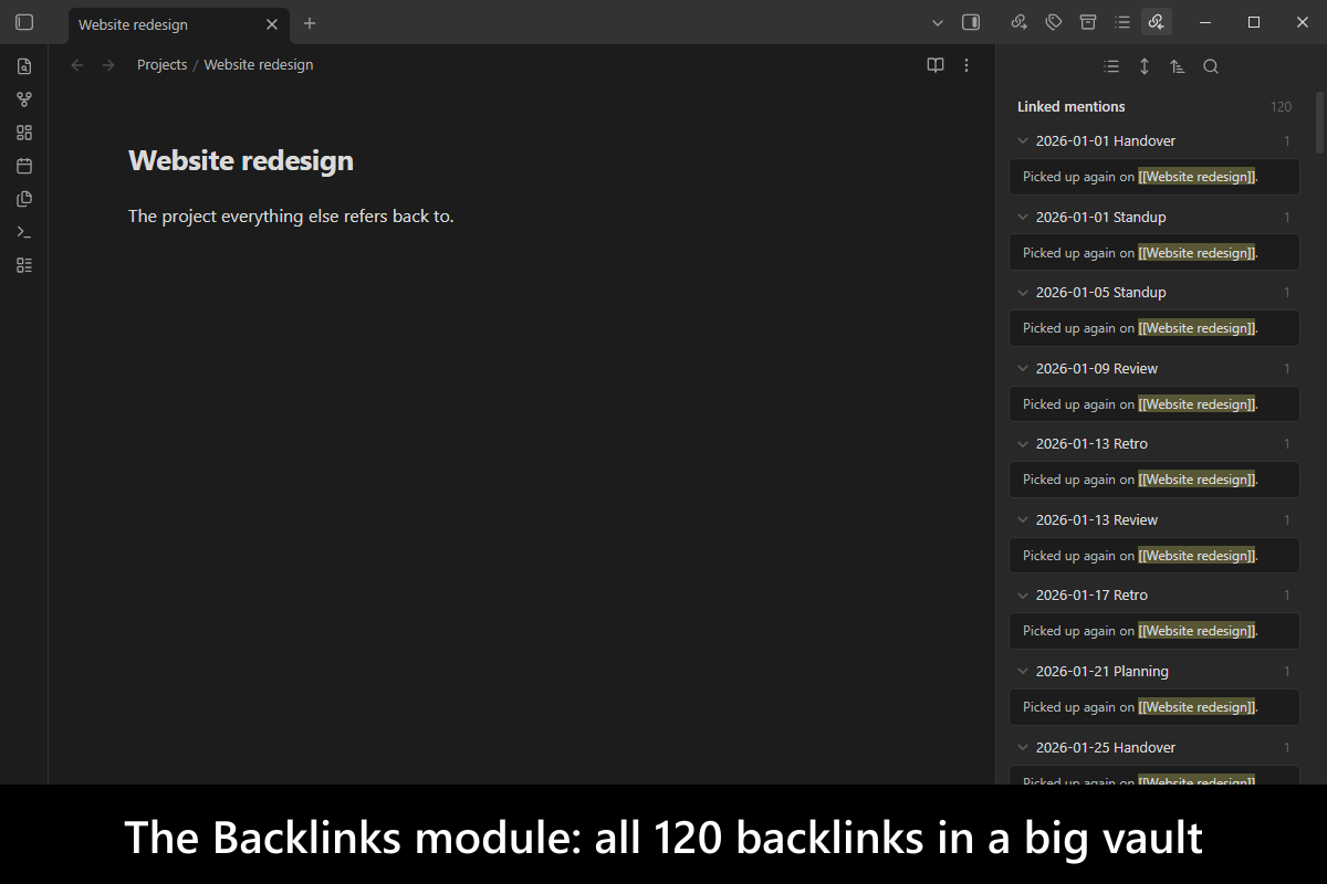 The Backlinks module: all 120 backlinks in a big vault
