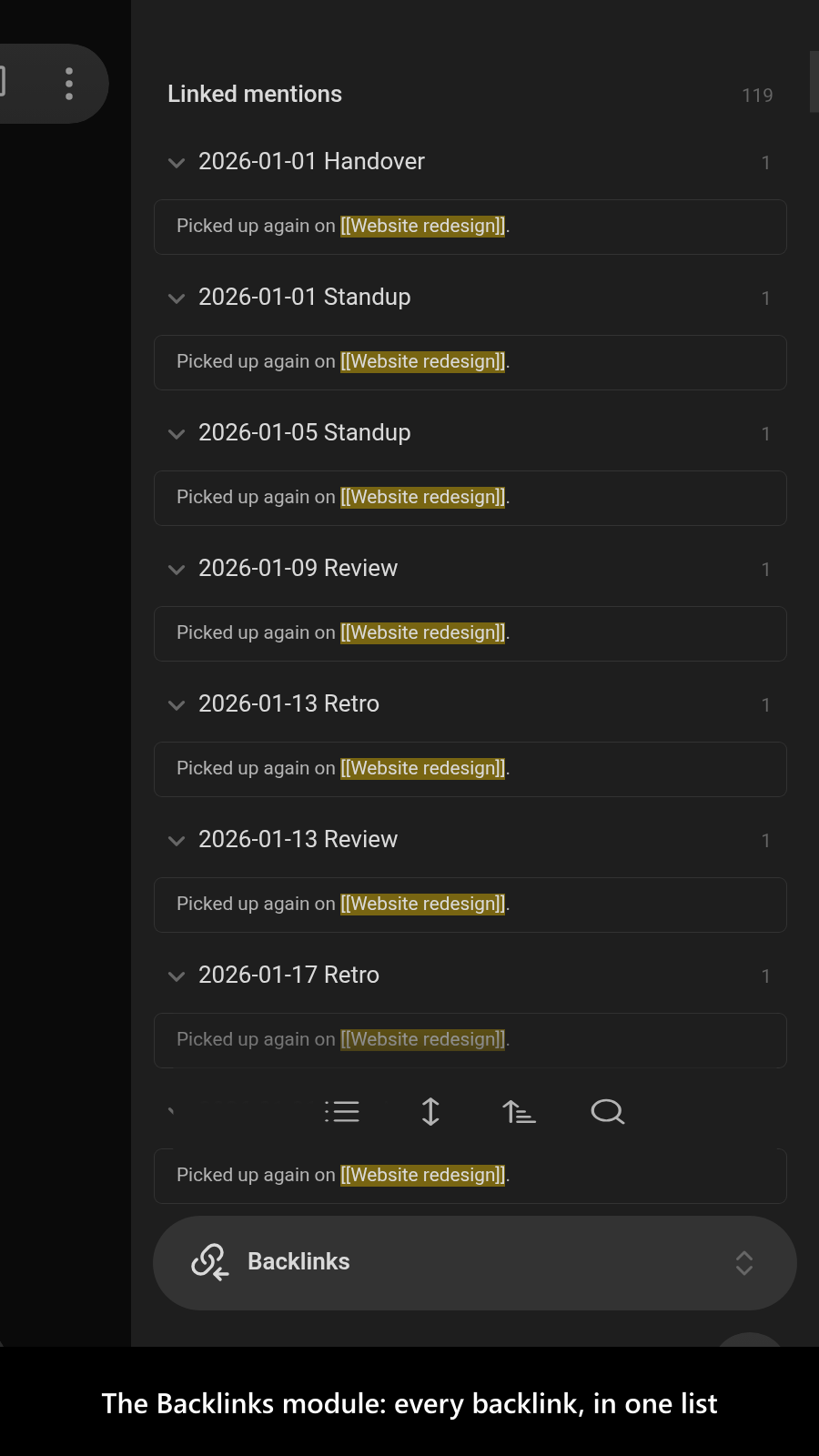 Advanced Metadata Cache screenshot — The Backlinks module: every backlink, in one list