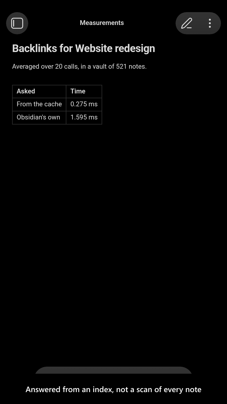 Advanced Metadata Cache screenshot — Answered from an index, not a scan of every note