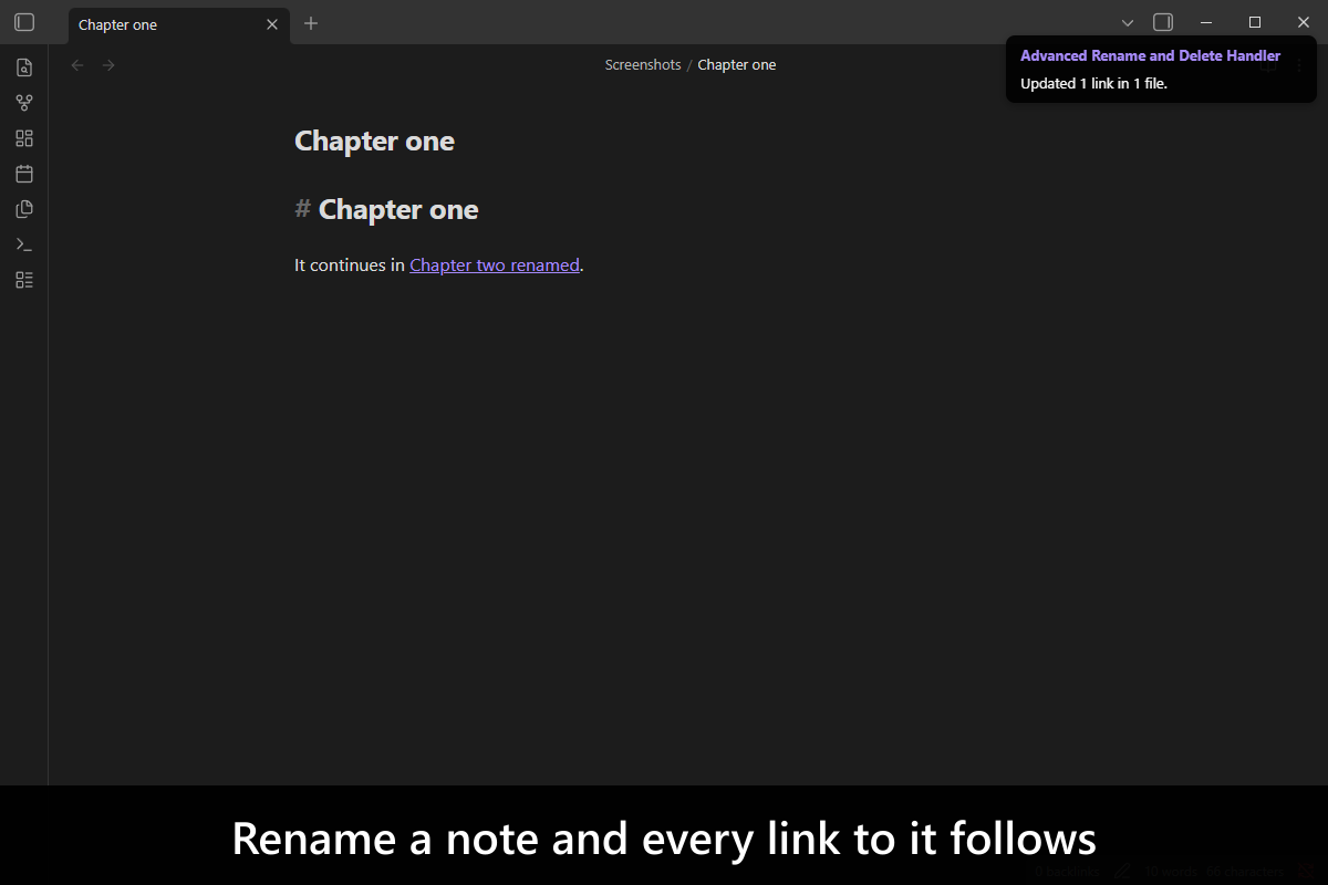 Advanced Rename and Delete Handler screenshot — Rename a note and every link to it follows