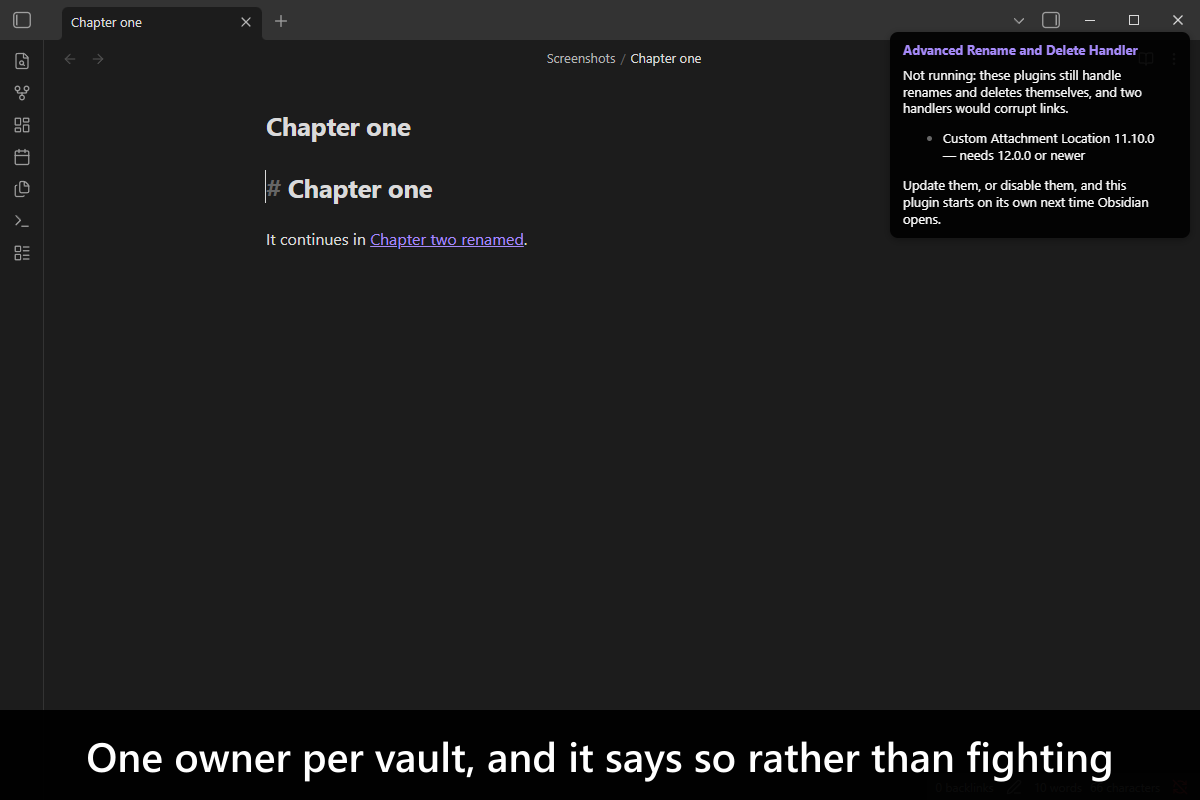 Advanced Rename and Delete Handler screenshot — One owner per vault and it says so rather than fighting