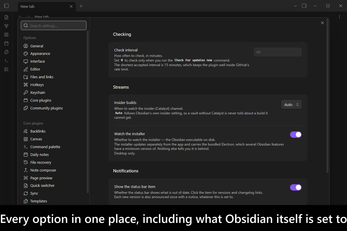 Every option in one place, including what Obsidian itself is set to