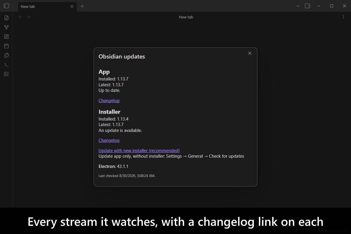 Every stream it watches, with a changelog link on each
