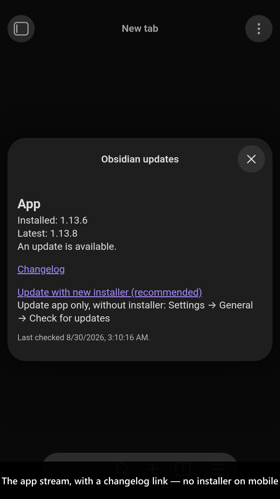 The app stream, with a changelog link — no installer on mobile