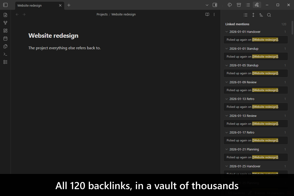 All 120 backlinks, in a vault of thousands