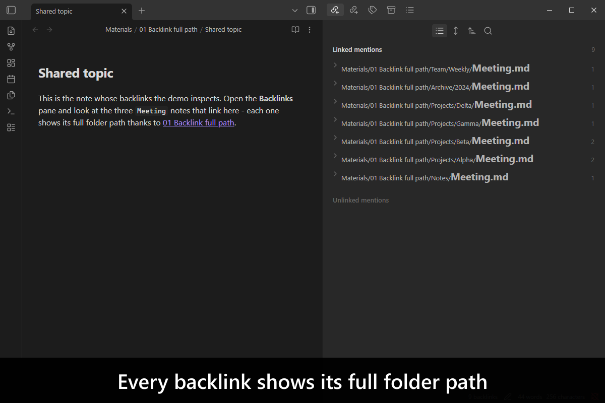 Every backlink shows its full folder path