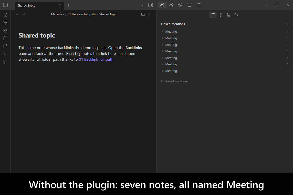 Without the plugin: seven notes, all named Meeting