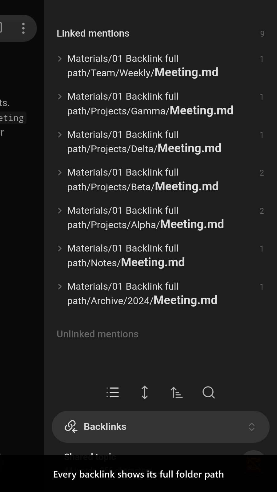 Every backlink shows its full folder path