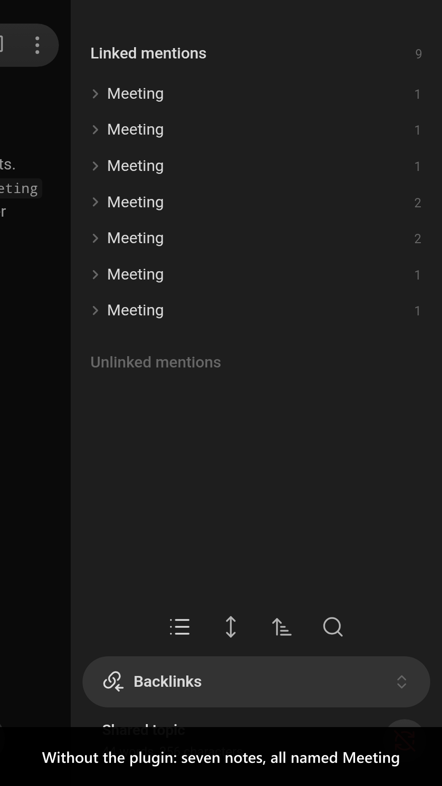 Without the plugin: seven notes, all named Meeting