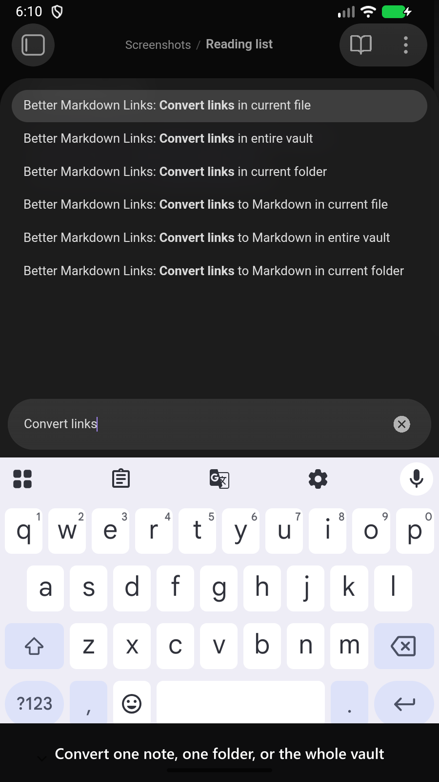 Convert one note, one folder, or the whole vault