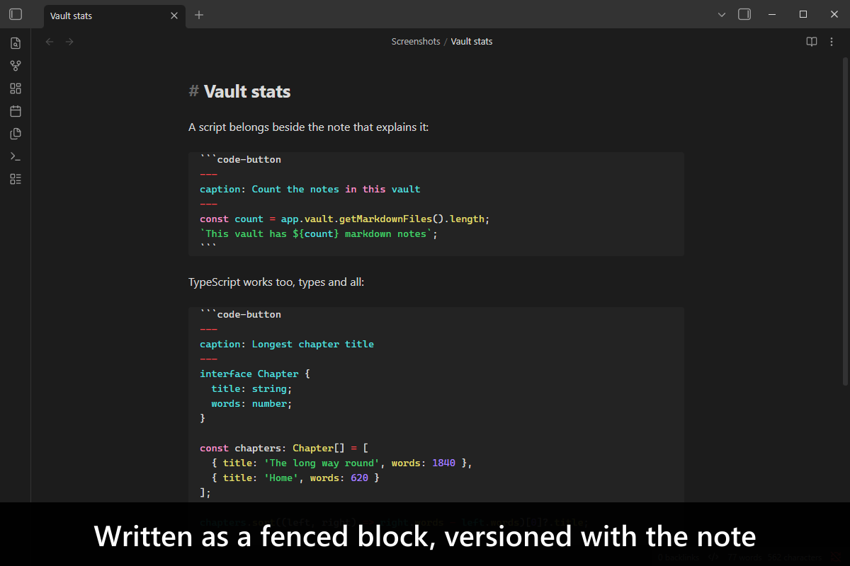Written as a fenced block, versioned with the note