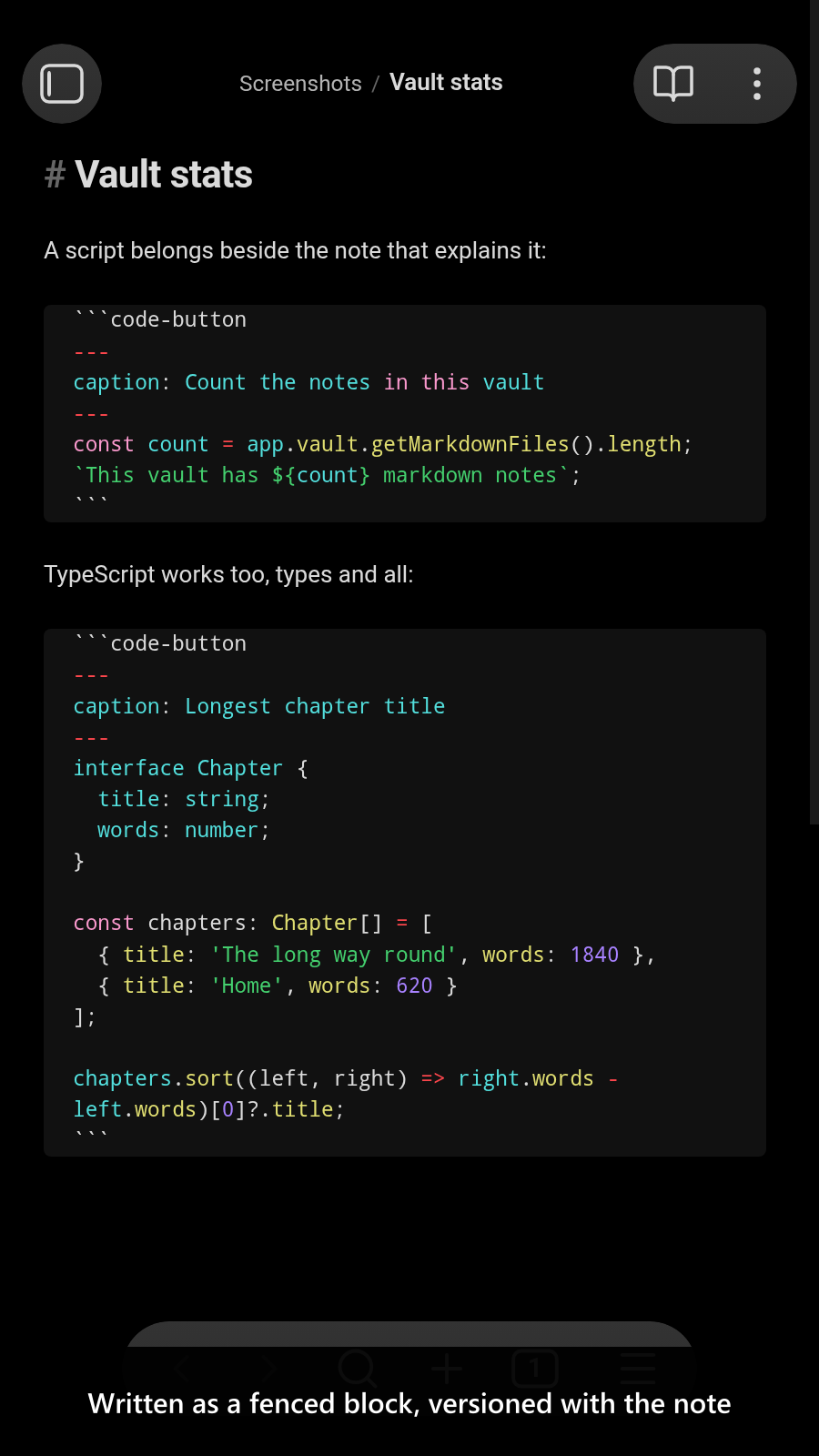 Written as a fenced block, versioned with the note