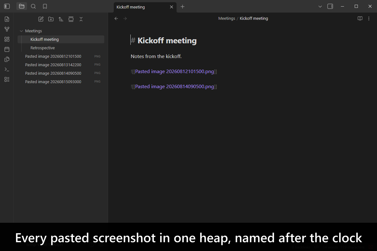 Every pasted screenshot in one heap, named after the clock