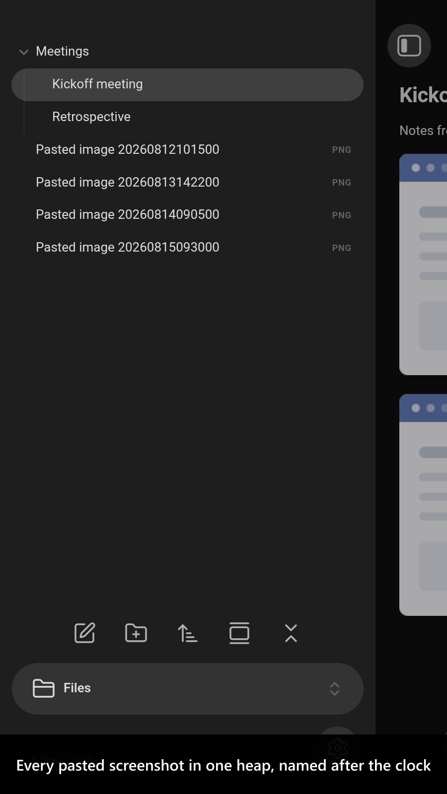 Every pasted screenshot in one heap, named after the clock