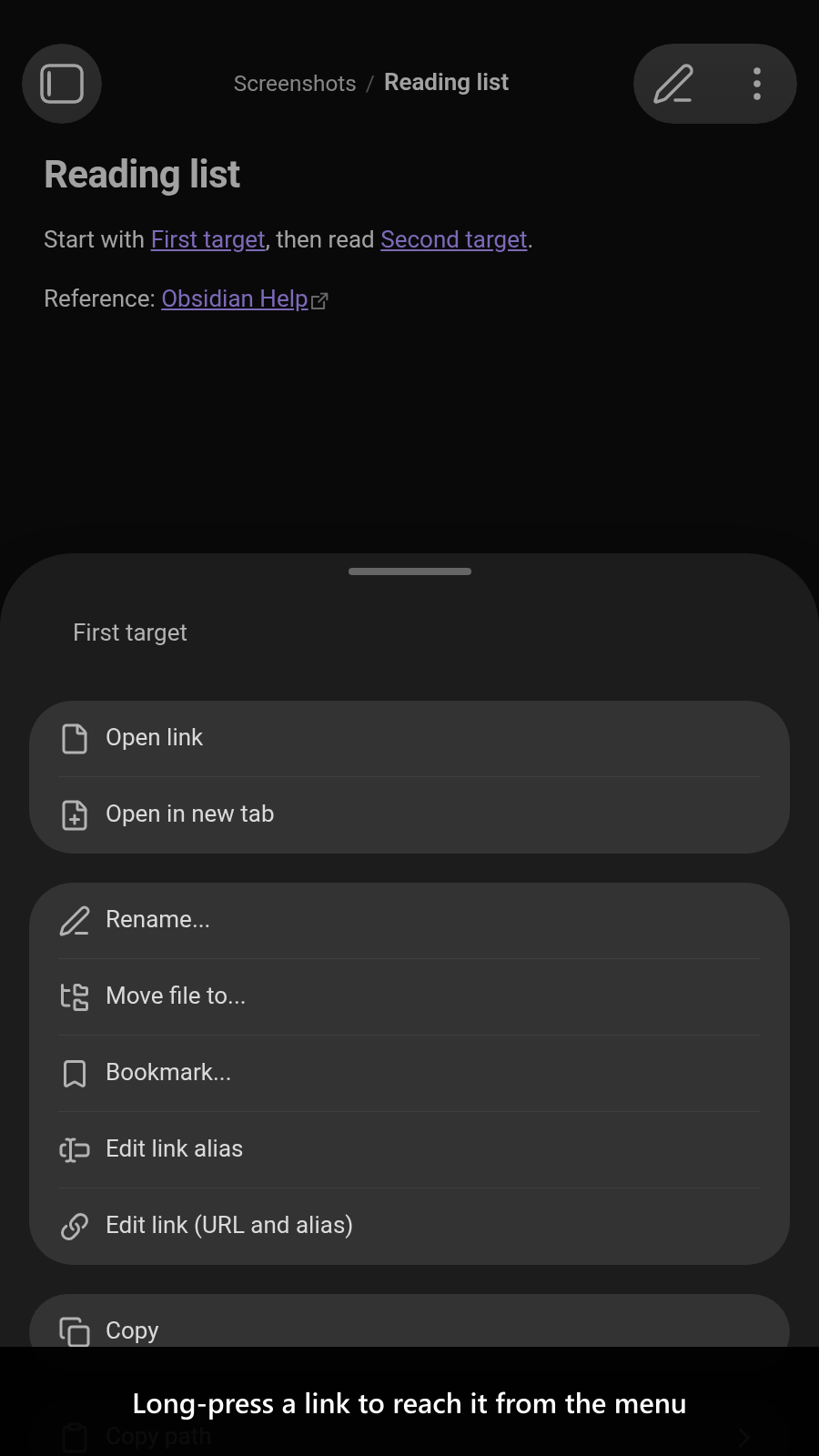 Long-press a link to reach it from the menu