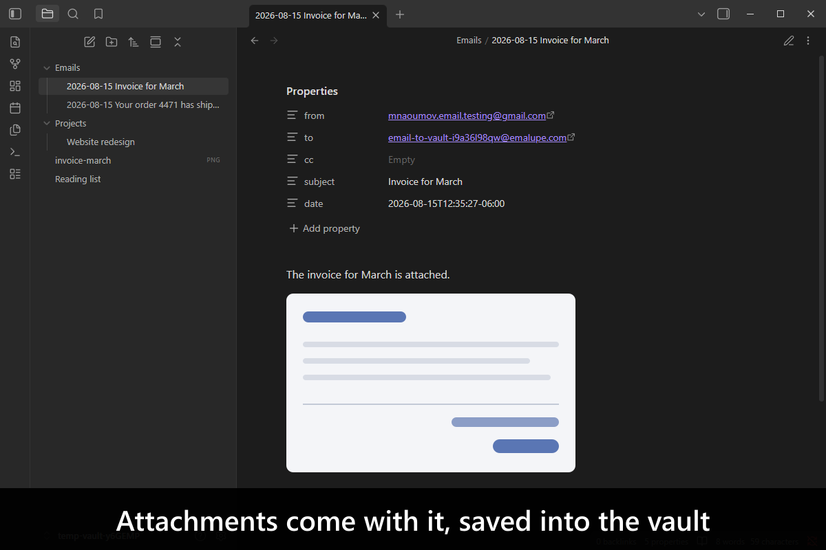 Attachments come with it, saved into the vault