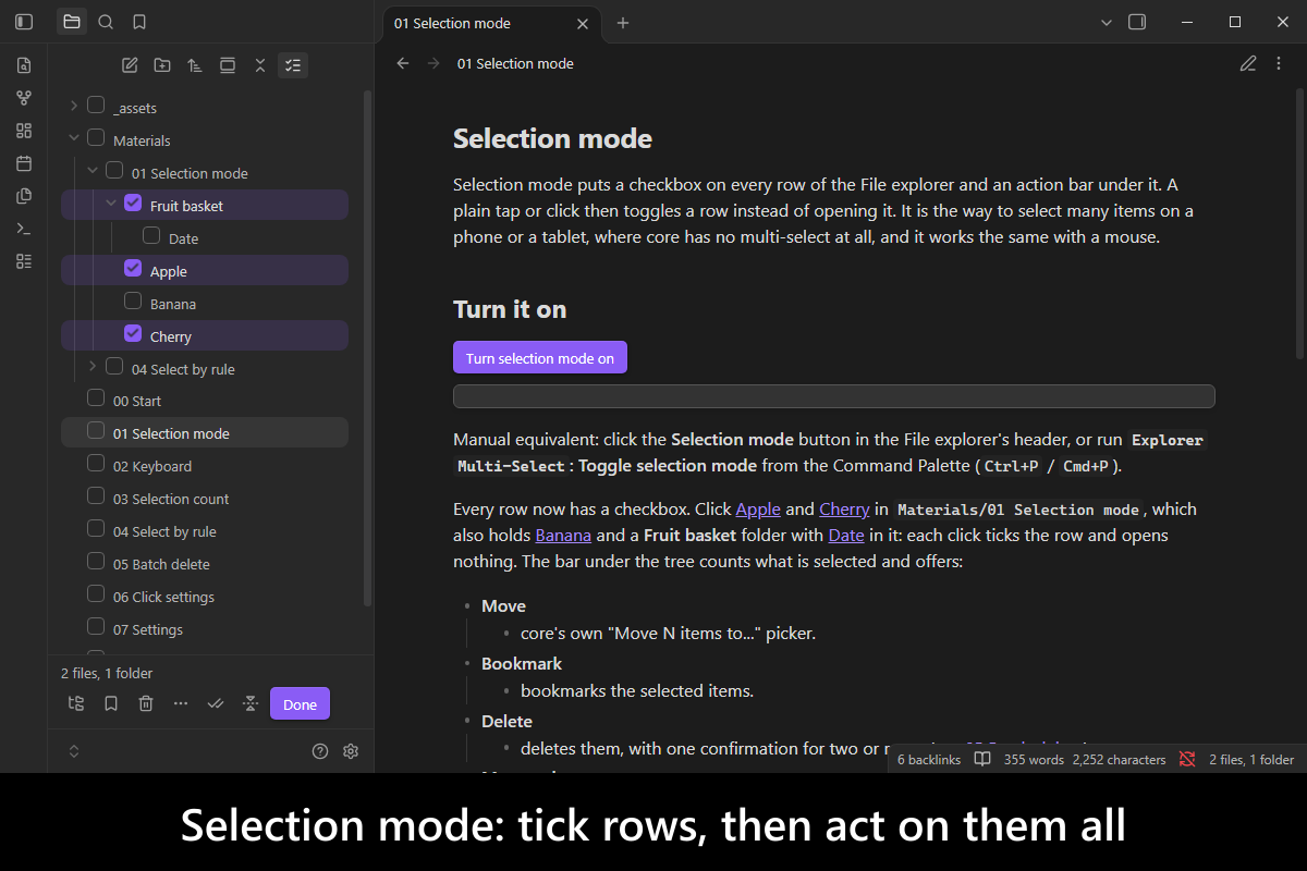 Selection mode: tick rows, then act on them all