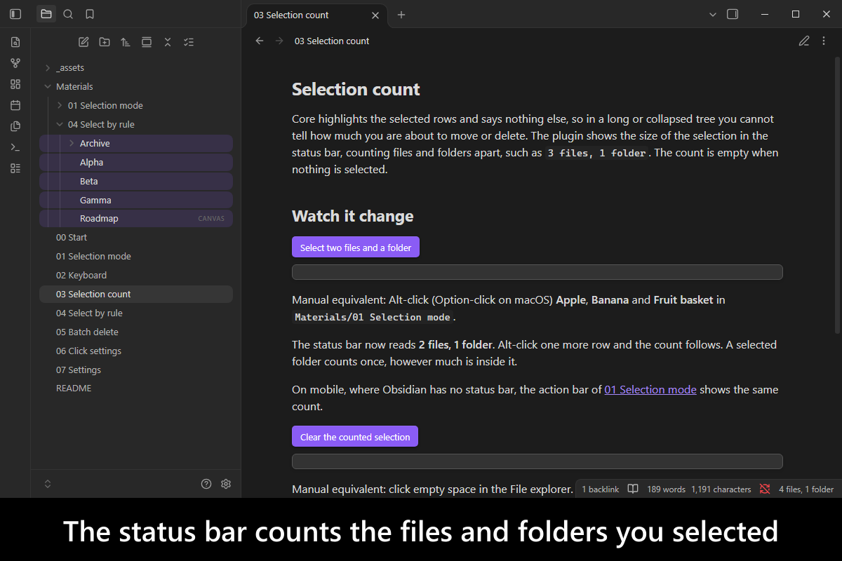 The status bar counts the files and folders you selected