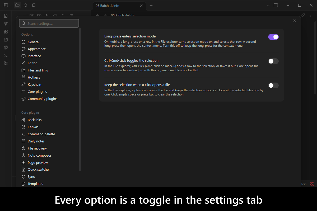 Every option is a toggle in the settings tab