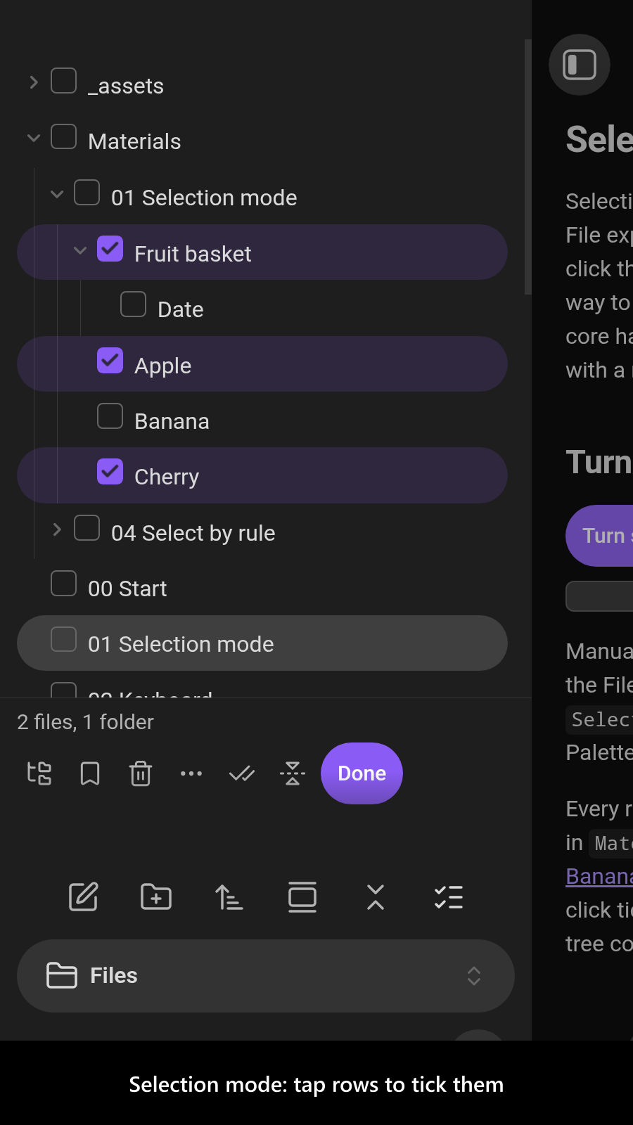 Selection mode: tap rows to tick them