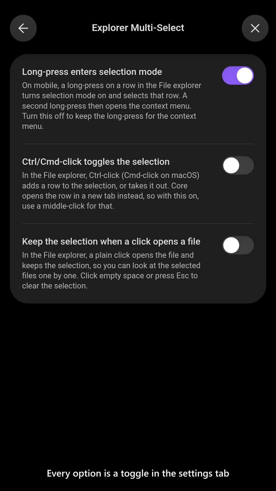 Every option is a toggle in the settings tab