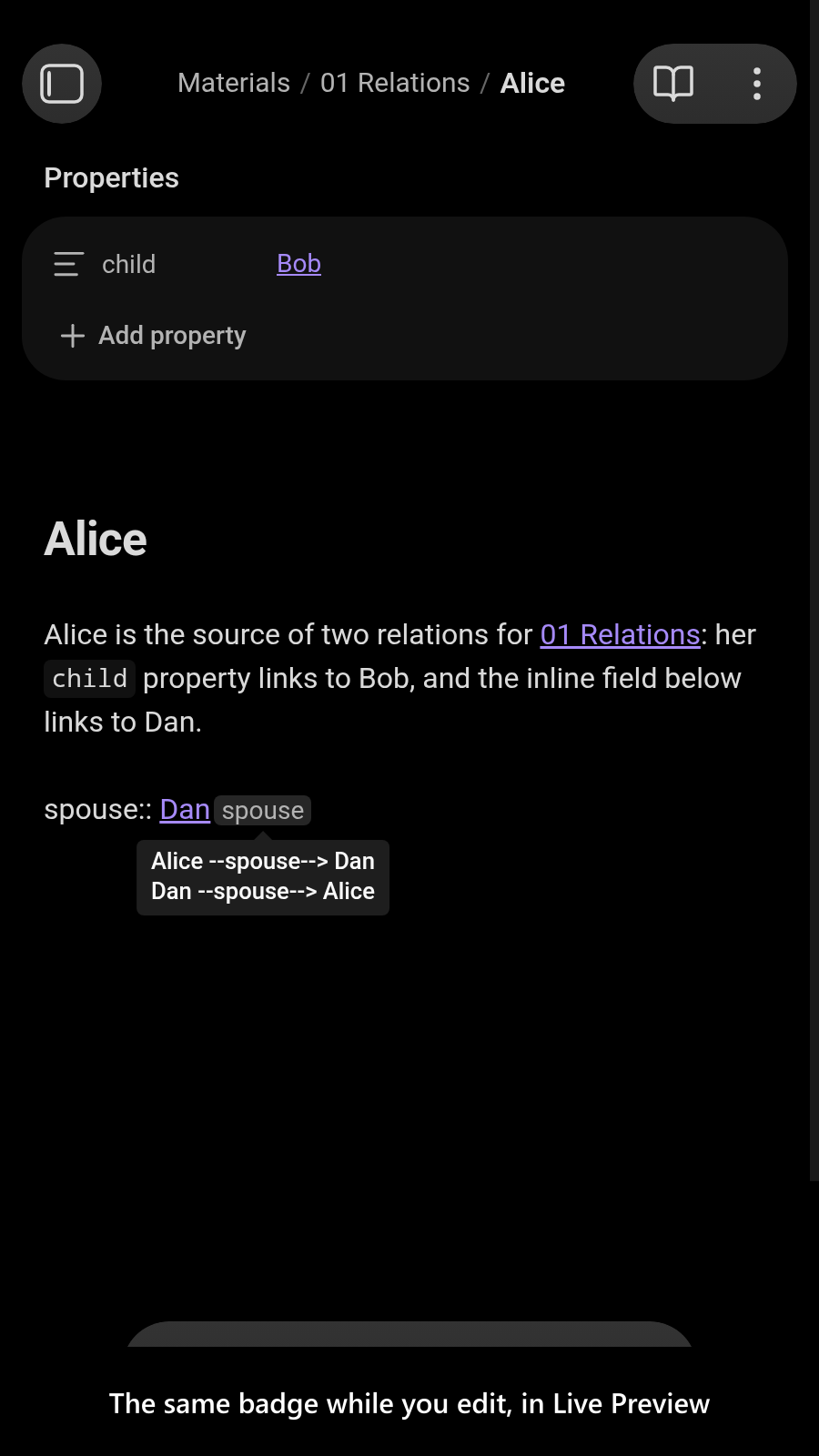 The same badge while you edit, in Live Preview