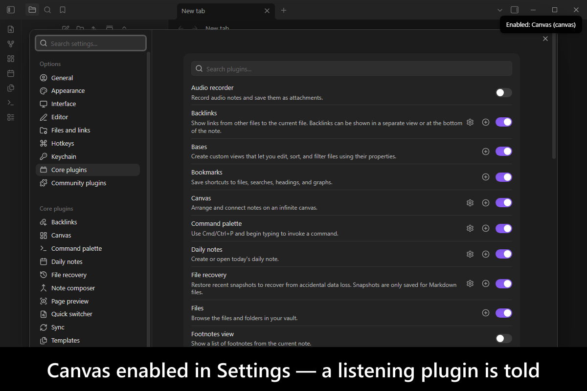 Canvas enabled in Settings — a listening plugin is told