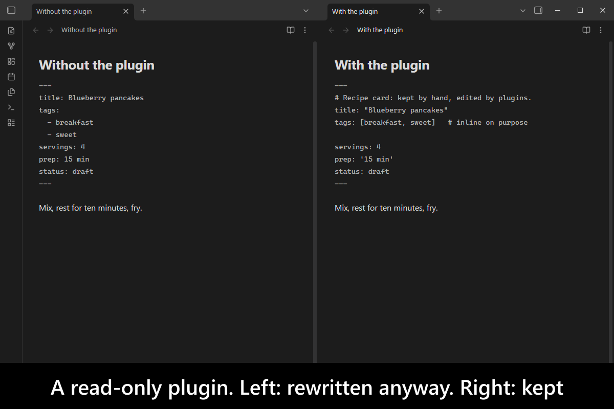 A read-only plugin. Left: rewritten anyway. Right: kept
