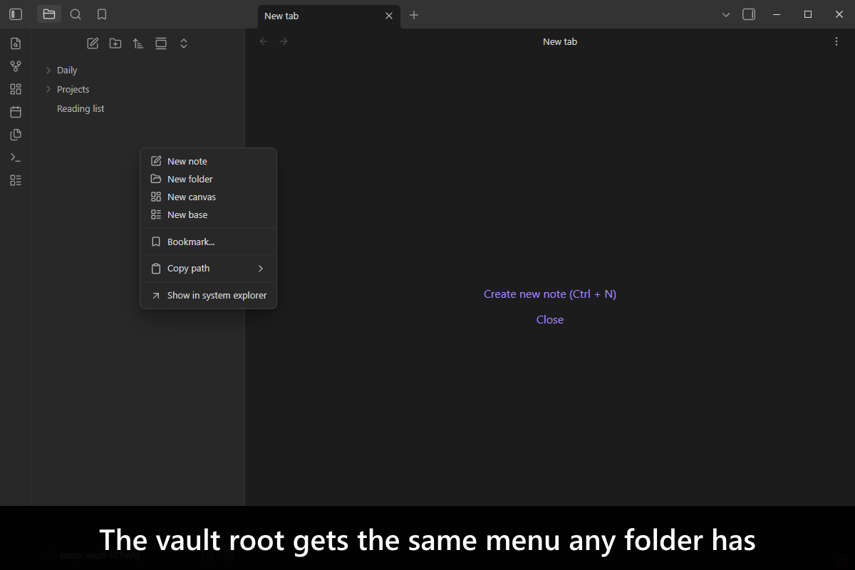 The vault root gets the same menu any folder has